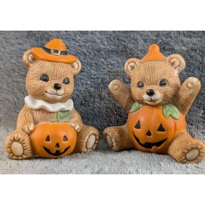2‎  HOMCO Porcelain Halloween Bears  Pumpkin Jack-o-Lantern